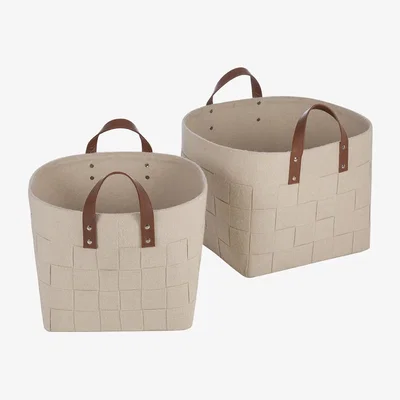 Amara Retreat - Felt Leather Handle Basket - Cream - Set of 2