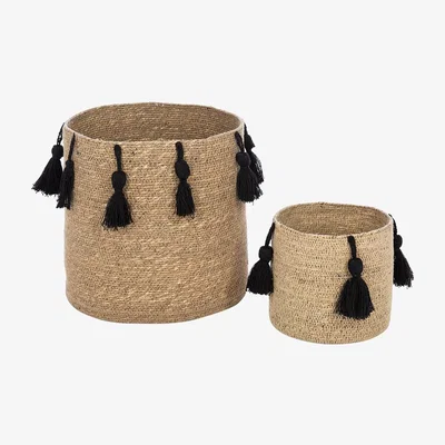 Amara Global Explorer - Seagrass Tassel Trim Basket - Set of 2 - Black