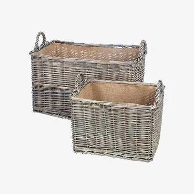 Amara Retreat - Antique Wash Rectangular Hessian Lined Basket - Set of 2