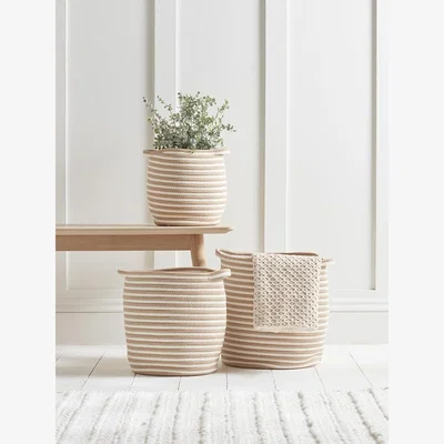 Cox and Cox Three White & Natural Striped Baskets