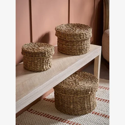 Cox and Cox Three Lidded Seagrass Storage Baskets