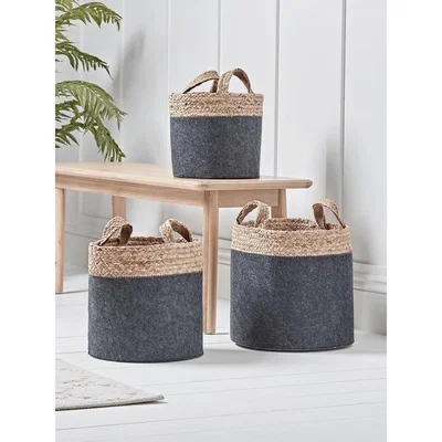 Cox and Cox NEW Three Felt Baskets - Charcoal