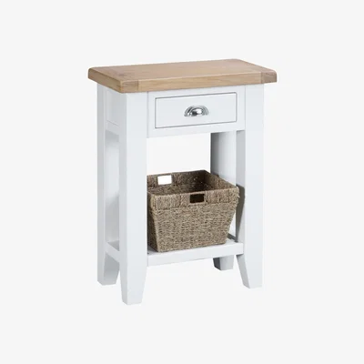 Chiltern Oak Furniture Suffolk White Painted Oak Telephone Table with Wicker Basket