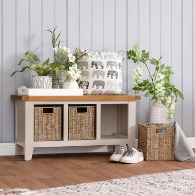 Chiltern Oak Furniture Chester Stone Painted Oak Hall Bench with Wicker Baskets