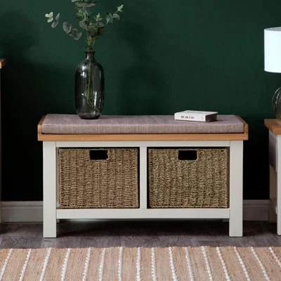 Chiltern Oak Furniture Salisbury Ivory Painted Oak Hall Bench with Wicker Baskets