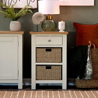 Chiltern Oak Furniture Salisbury Ivory Painted Oak Telephone Table with Wicker Baskets