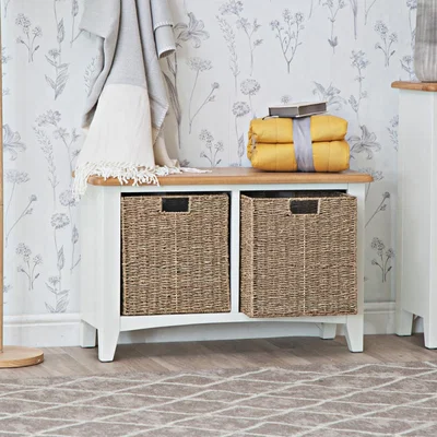 Chiltern Oak Furniture Gloucester White Painted Hall Bench with Wicker Baskets