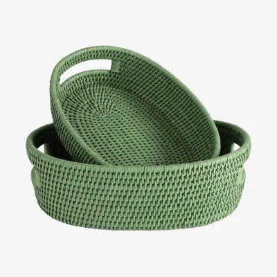 Casa by JJ Cotswolds Oval Rattan Basket Green - Set of 2