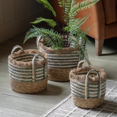 Dunelm Cedar & Sage Set of 3 Fringed Woven Stripe Storage Baskets