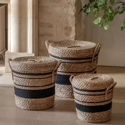 Dunelm Cedar & Sage Set of 3 Linen Stripe Storage Baskets