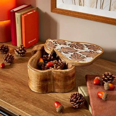 Dunelm Carved Leaves Pear Shaped Mango Wood Trinket Box