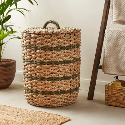 Dunelm Rope Olive Green Stripe Rush Laundry Basket