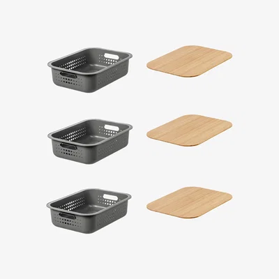 Dunelm SmartStore Recycled Set of 3 6L Storage Baskets with Bamboo Lids Grey