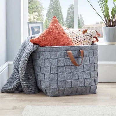 Dunelm Grey Felt Storage Basket with Leather Handle Grey