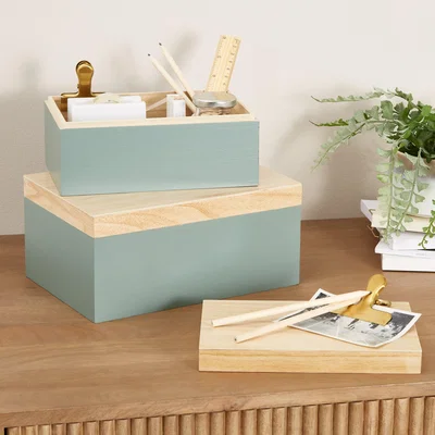 Dunelm Set of 2 Wooden Lidded Boxes Green Green
