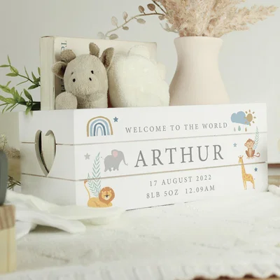 Dunelm Personalised Safari Animals Wooden Crate White