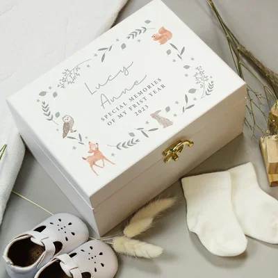 Dunelm Personalised Woodland Animals Wooden Keepsake Box White