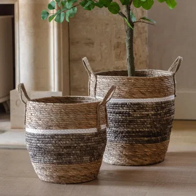 Dunelm Cedar & Sage Set of 2 Woven Contrast Stripe Storage Baskets