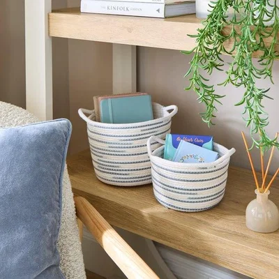 Dunelm Set of 2 Blue Striped Cotton Rope Baskets