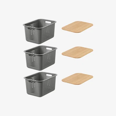 Dunelm SmartStore Recycled Set of 3 13L Storage Baskets with Bamboo Lids Grey