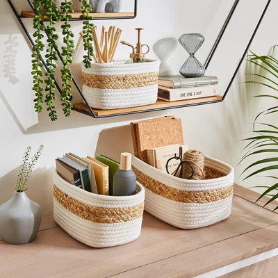 Dunelm Set of 3 Mixed Material Storage Baskets Natural