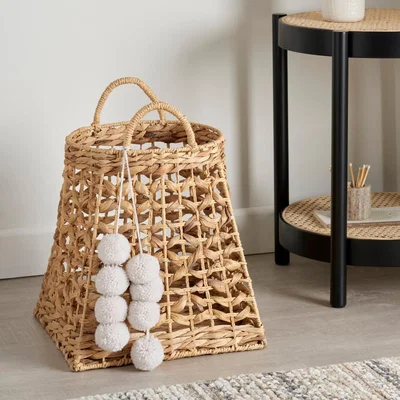 Dunelm Water Hyacinth Basket with Pom Poms Natural