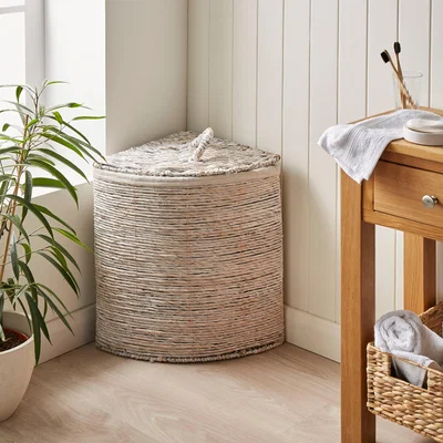 Dunelm White Wash Wicker Corner Laundry Basket