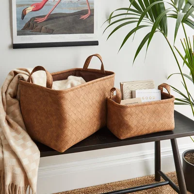 Dunelm Artisan Faux Leather Baskets Set of 2 Brown Brown