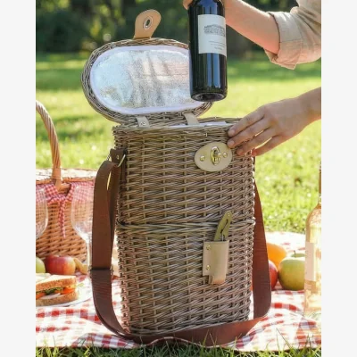 Dibor Wicker Two Bottle Carrier with Canvas Carry Strap