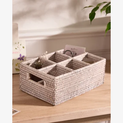 Dibor White Rattan Six Compartment Storage Caddy