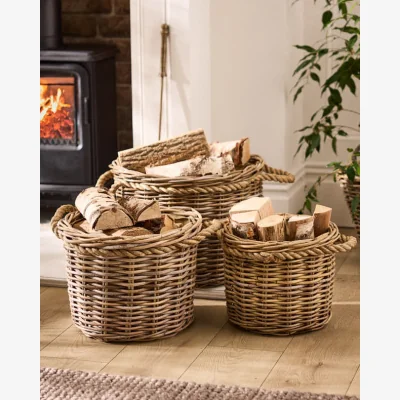 Dibor Wicker Log Basket with Rope Handles