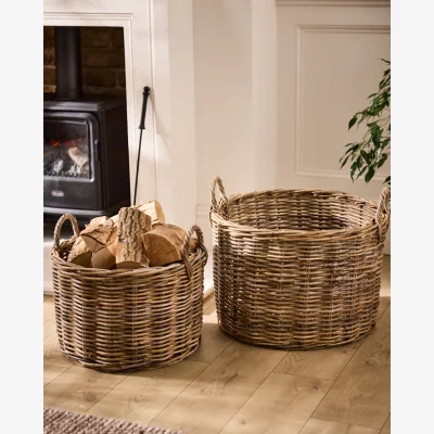 Dibor Grey Rattan Log Basket with Handles