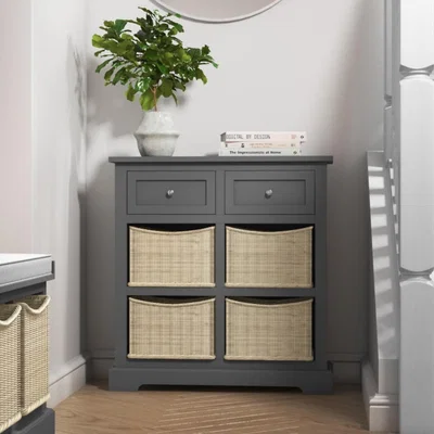 Furniture123 Elms Farmhouse Grey Shoe Cabinet Sideboard with Wicker Baskets