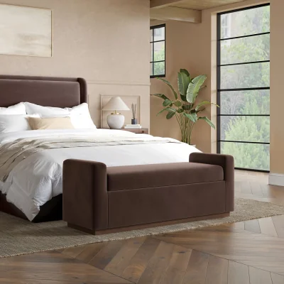 Furniture123 Chocolate Brown Velvet Ottoman Storage Blanket Box with Dark Wood Plinth - Fern