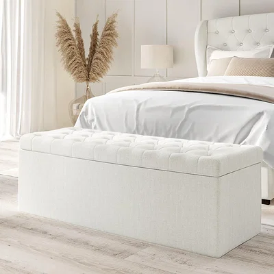 Furniture123 Cream Woven Fabric Ottoman Blanket Box - Safina