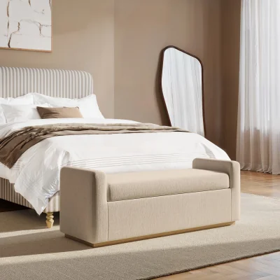 Furniture123 Beige Upholstered Ottoman Storage Blanket Box with Oak Wood Plinth - Fern