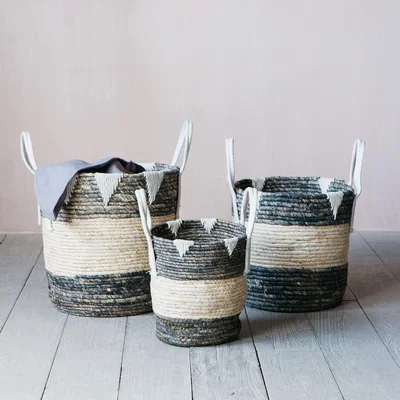 Graham & Green Graham and Green Set of Three Grey and White Rope Baskets