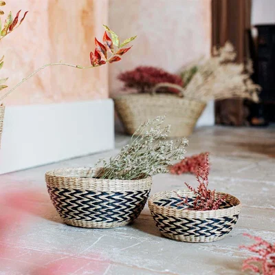 Graham & Green Set of Two Black Chevron Seagrass Baskets