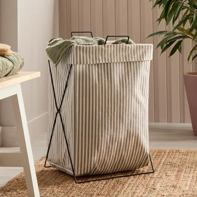 Homebase Folding Laundry Basket with Metal Frame - Grey Stripe