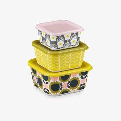 John Lewis Orla Kiely Flower Bamboo Nesting Food Storage Boxes, Set of 3, Yellow/Multi