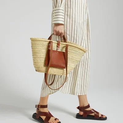 La Redoute Panier Basket Bag with Tan Pouch in Doum Palm Tree Leaves/Leather