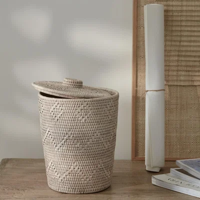 Layered Lounge White Rattan Lidded Waste Paper Basket