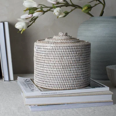 Layered Lounge White Rattan Medium Lidded Storage Box