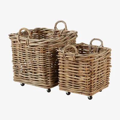 OKA Pair of Patiner Rattan Baskets With Wheels - Stone