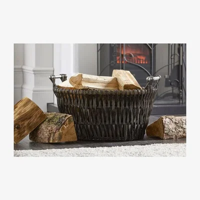Downtown Dark Wicker Log Basket with Chrome Handles