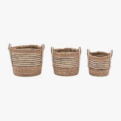Perch and Parrow Alder Fringed Woven Basket in Brown, Set of 3