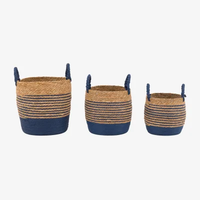 Perch and Parrow Junip Seagrass Basket in Blue Stripe, Set of 3