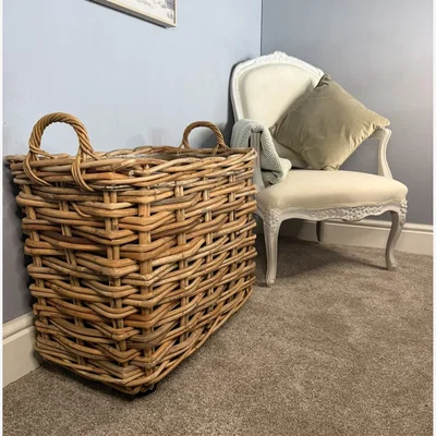 Pagazzi Wovenhill Bamboo Rattan Rectangle Storage Log Basket with Wheels and Hoop Handles