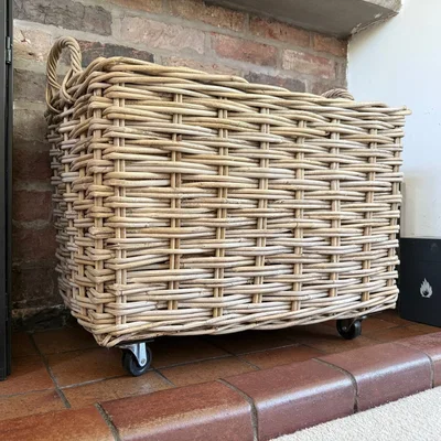 Pagazzi Wovenhill Kubu Rattan Log Baskets with Wheels and Hoop Handles
