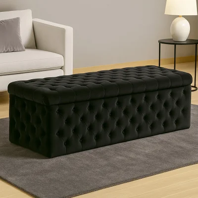 The Range Wide Lux Ottoman Storage Box, Emerald Green Velvet Upholstered Chesterfield Storage Ottoman Box - Black Plush Velvet